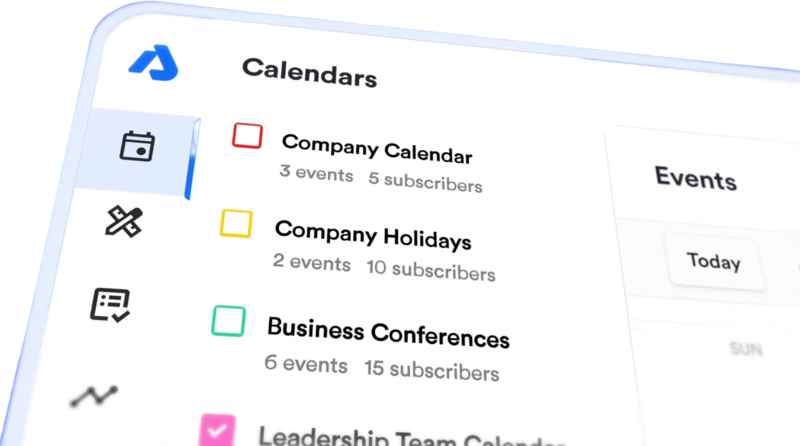 Preview of the AddEvent dashboard showing a list of calendars and upcoming events